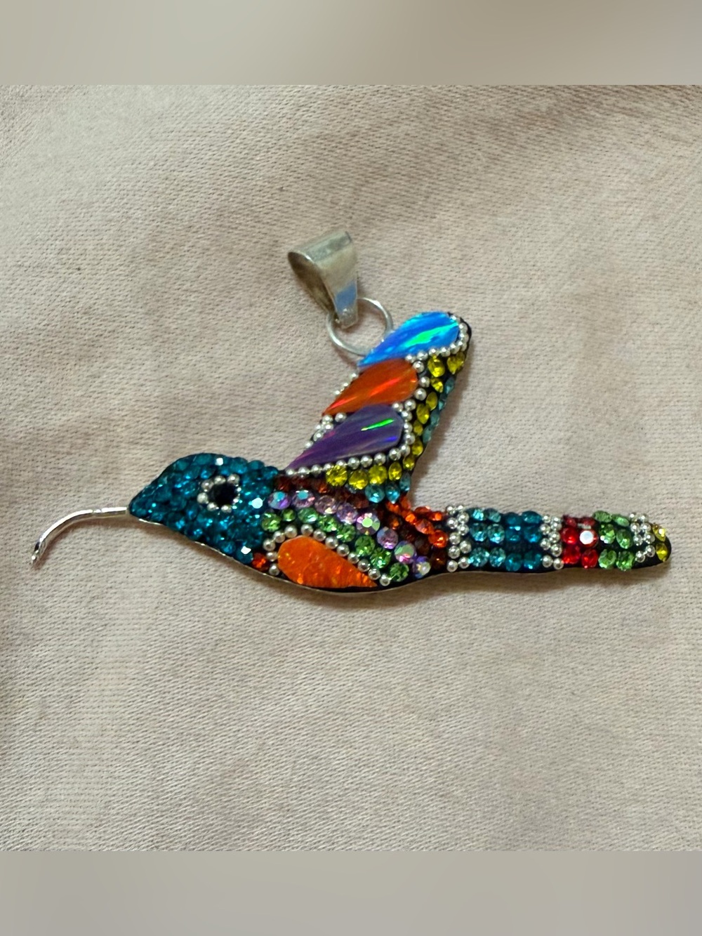 Silver and Multicolor Crystal Hummingbird Pendant Necklace Charm